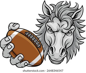 Cavalo mustang bronco garanhão futebol americano irritado mascote da equipe de esportes segurando uma bola.