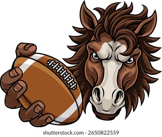 Cavalo mustang bronco garanhão futebol americano irritado mascote da equipe de esportes segurando uma bola.