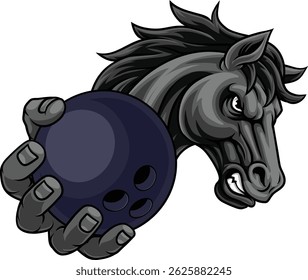 Horse mustang bronco stallion angry bowling sports team mascot holding a ball.