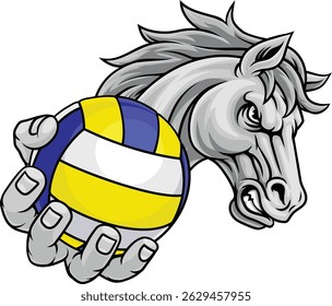 Horse mustang bronco stallion angry volleyball sports team mascot holding a ball.