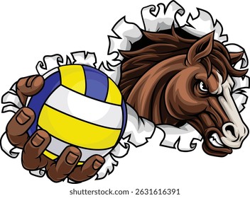 Horse mustang bronco stallion angry volleyball sports team mascot holding a ball.
