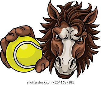 Horse mustang bronco stallion angry tennis sports team mascot holding a ball.