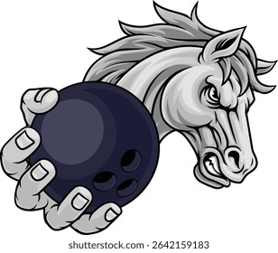 Horse mustang bronco stallion angry bowling sports team mascot holding a ball.