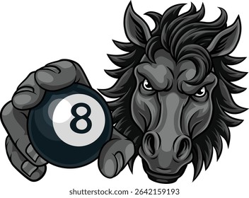 Horse mustang bronco stallion angry pool billiards sports team mascot holding a ball.