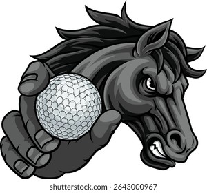 Horse mustang bronco stallion angry golf sports team mascot holding a ball.