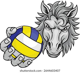 Horse mustang bronco stallion angry volleyball sports team mascot holding a ball.