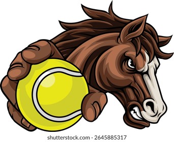Cavalo mustang bronco garanhão irritado tênis equipe mascote segurando uma bola.