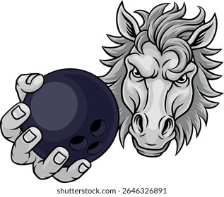 Horse mustang bronco stallion angry bowling sports team mascot holding a ball.