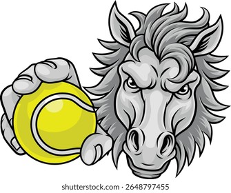 Cavalo mustang bronco garanhão irritado tênis equipe mascote segurando uma bola.