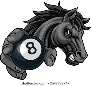 Cavalo mustang bronco garanhão irritado piscina bilhar equipe de esportes mascote segurando uma bola.