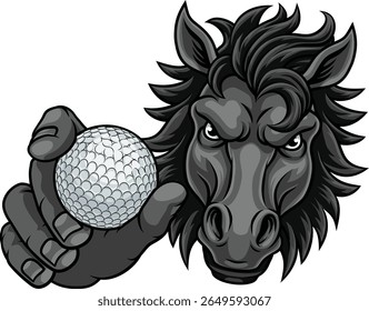 Cavalo mustang bronco garanhão irritado mascote equipe de golfe esportes segurando uma bola.