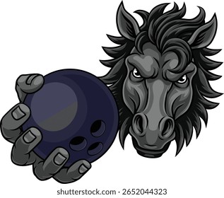 Cavalo mustang bronco garanhão irritado mascote equipe de boliche segurando uma bola.