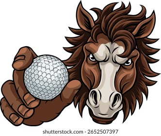Cavalo mustang bronco garanhão irritado mascote equipe de golfe esportes segurando uma bola.
