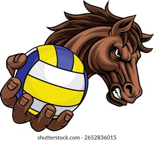 Cavalo mustang bronco garanhão irritado vôlei equipe de esportes mascote segurando uma bola.