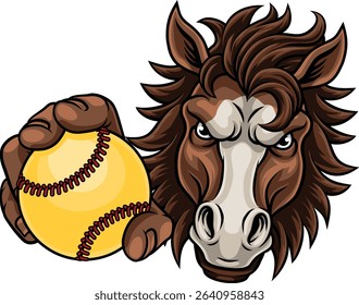 Horse mustang bronco stallion baseball softball angry sports team mascot holding a ball.