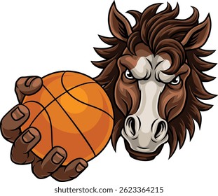 Horse mustang bronco stallion basketball angry sports team mascot holding a ball.