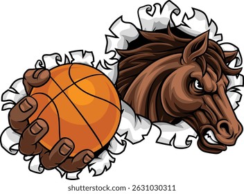 Horse mustang bronco stallion basketball angry sports team mascot holding a ball.