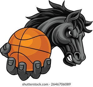 Cavalo mustang bronco garanhão basquete irritado equipe de esportes mascote segurando uma bola.