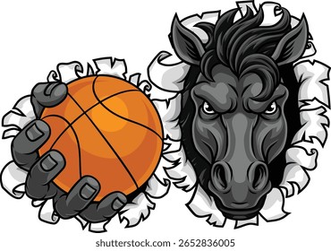 Cavalo mustang bronco garanhão basquete irritado equipe de esportes mascote segurando uma bola.