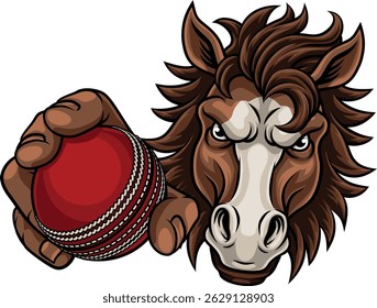 Horse mustang bronco stallion cricket angry sports team mascot holding a ball.