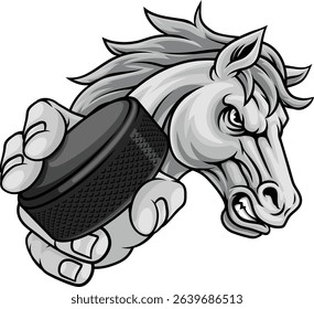 Horse mustang bronco stallion ice hockey angry sports team mascot holding a puck.