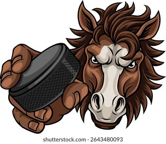Horse mustang bronco stallion ice hockey angry sports team mascot holding a puck.