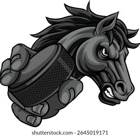 Horse mustang bronco stallion ice hockey angry sports team mascot holding a puck.