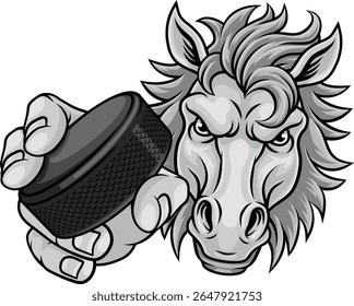 Horse mustang bronco stallion ice hockey angry sports team mascot holding a puck.