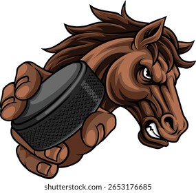 Cavalo mustang bronco garanhão hóquei no gelo irritado mascote da equipe de esportes segurando um disco.