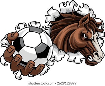 Horse mustang bronco stallion soccer football angry sports team mascot holding a ball.