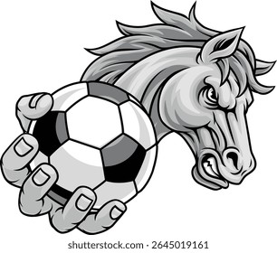Horse mustang bronco stallion soccer football angry sports team mascot holding a ball.