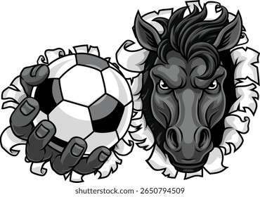 Cavalo mustang bronco garanhão futebol futebol irritado mascote equipe de esportes segurando uma bola.