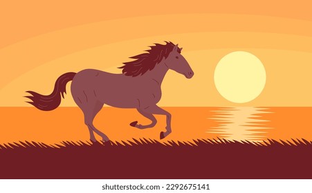 Horse mustang. A free stallion gallops on the seashore. Sunny sunset. A beautiful elegant animal with a mane and hooves. Vector illustration