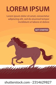 Horse mustang. A free stallion gallops on the grass. Sunny sunset. A beautiful elegant animal with a mane and hooves. Design for poster, banner, website. Cartoon vector illustration