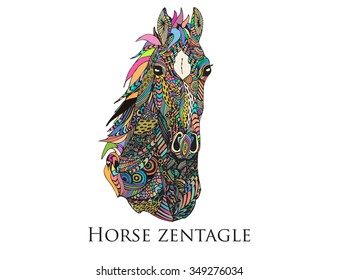 horse muzzle zentangle high detailed ornament vector art. Mare head bright colored illustration. Web design page icon element. Stylish image for phone case design.