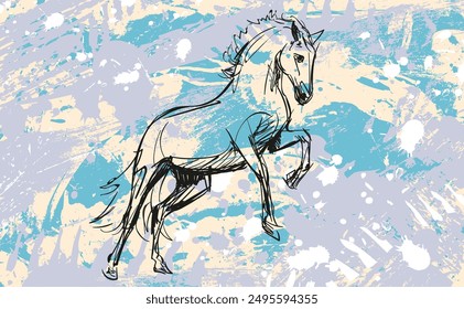 Caballo en la naturaleza sobre el fondo abstracto del autor. Ilustraciones vectoriales únicas de mustangs salvajes. Ejecución Auténtica de planos. Bocetos a mano. Los Objetos se aíslan para la edición.