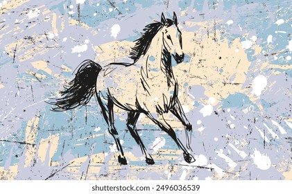 A horse in nature on the author's abstract background. Unique vector illustrations of wild mustangs. Authentic execution of drawings. Hand sketches. Objects are isolated for editing.