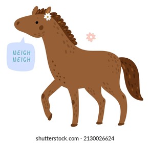 Horse with neigh sound in speech bubble. Animal talking