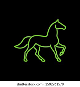 Horse neon icon. Equestrian vector sign. Equine silhouette.