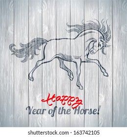 Horse New Year 2014 - vector illustration. Card concept on a wood background