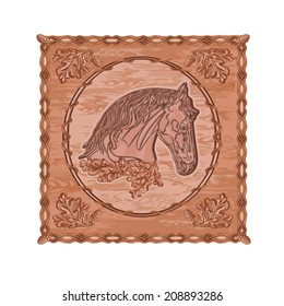 Horse and oak leaves and acorns woodcarving hunting theme vintage vector illustration