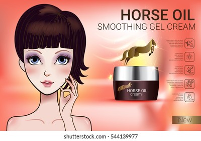 Horse Oil Cream ads. Vector Illustration with Manga style girl and horse oil Cream container.