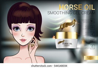 Horse Oil Cream ads. Vector Illustration with Manga style girl and horse oil Cream container.