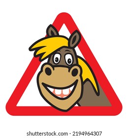 Horse on board, head at triangle red frame, road sign, label, vector crazy illustration