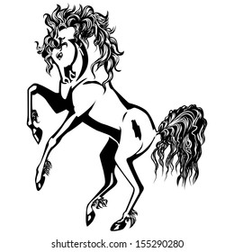 The horse on the hind legs. Black-and-white drawing. Silhouette.