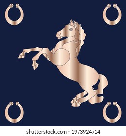The horse is on its hind legs. Feng shui postcard. The symbol of Chinese culture. Gold silhouette on a blue background.