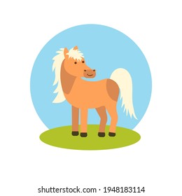 A horse on the lawn against the sky in a flat style. Icon on a white isolated background. Vector illustration