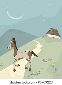 Horse on a meadow. Cartoon
