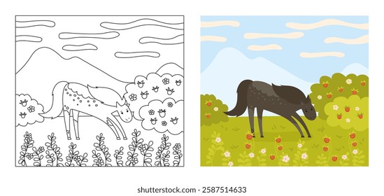 Horse on strawberry meadow summer cartoon vector illustration coloring book for kids. Playful mare horse in summer valley. Comic purebred stallion. Funny animal drawing design art perfect for children