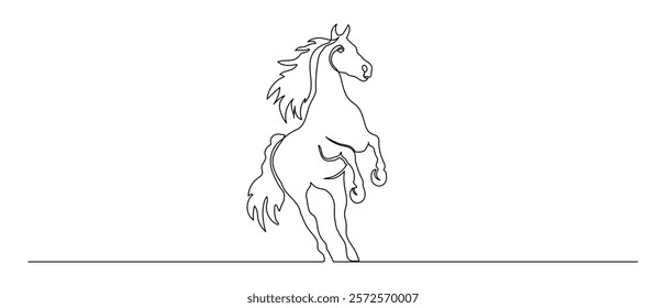 Horse in one continuous line drawing. Beautiful mustang in simple linear style. Wild animal symbol of speed and powerful in editable stroke. Doodle hand drawn vector illustration